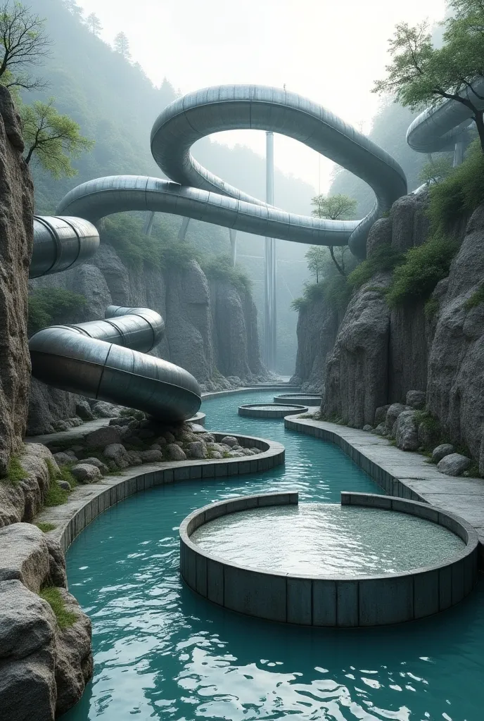 A U-shaped metal-plated waterway like a water slide, a waterway made of stones on a hill, and a water tank on the ground, with straight lines, spirals, twists and turns.