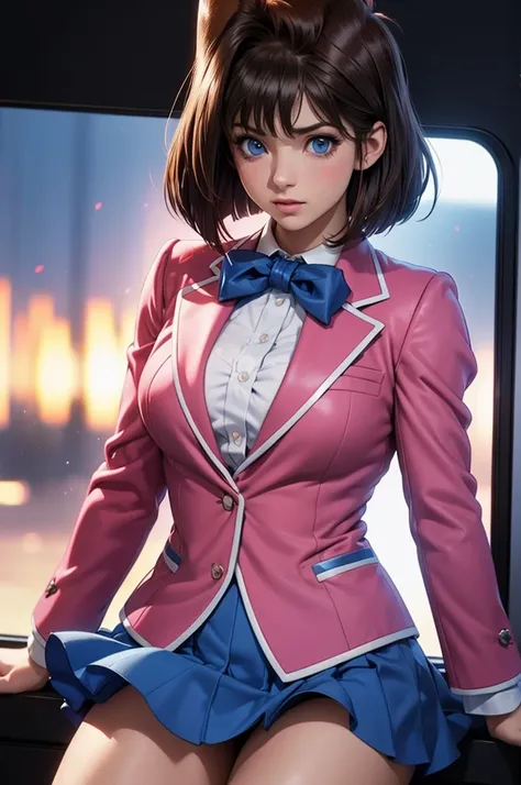 1 female,  high definition,  High resolution, ultra-realistic, 8k, aamazaki, (antenna hair: 1.2), blue bow tie, blue eyes, pink jacket, blazer,  long sleeves , blue skirt, tight skirt, mini-skirt, European, sexy, Dynamic angles, professor particular, blush...