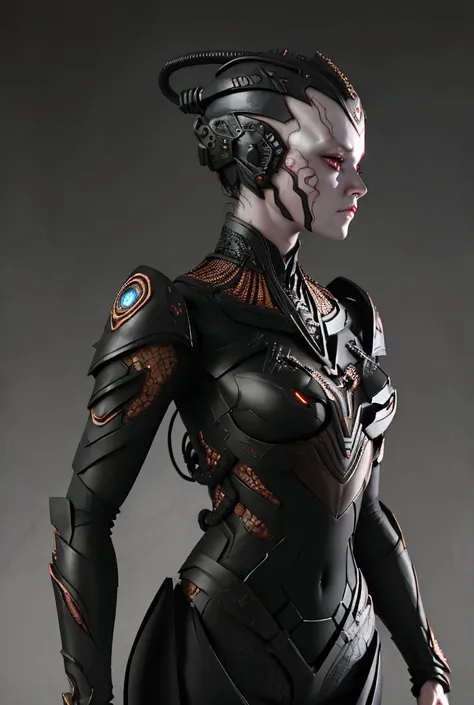 Valaras voice remains neutral, her words precise and devoid of emotion as she begins to describe herself."I am a synthesis of organic and cybernetic components: Romulan by birth with a slender build, standing at approximately 1.65 meters. My skin was once ...