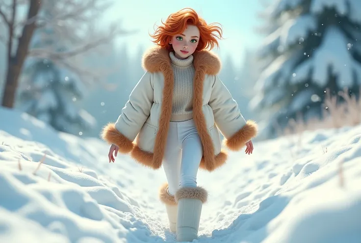 toddler snow queen photorealism woman , dynamic rude krótkie poszarpane włosy , duze zielone błyszczace oczy , dressed in a fluffy, knee-length cream coat , very fluffy rusty warm fur , rusty long-haired sheepskin , białe leginsy i zimowe wysokie białe fut...