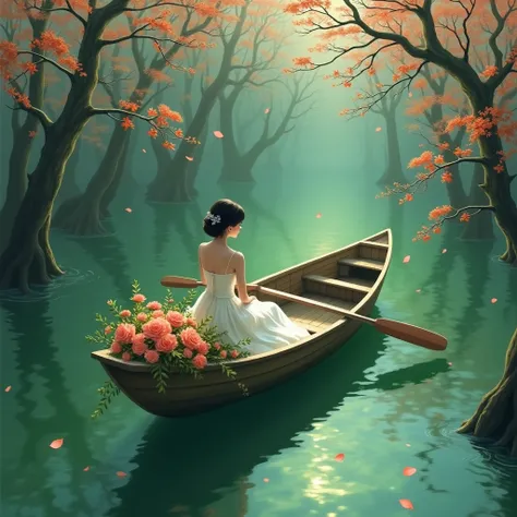 Green lake surface 、 dead trees sunk in water 、 young woman in a rowing boat 、 wearing a wedding dress 、 the boat is full of flowers、Fluttering cherry blossom petals、 fiery green leaves 