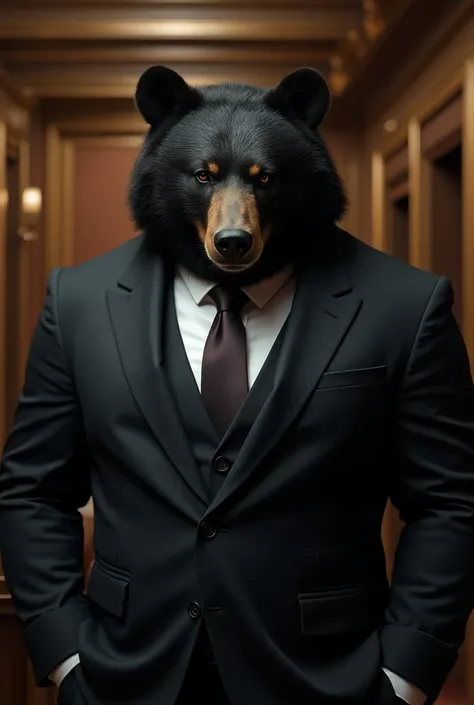 A fierce face, a black bear wearing a suit, ((bear)), dignified, handsome, formidable, a luxurious suit, in an office worth billions.