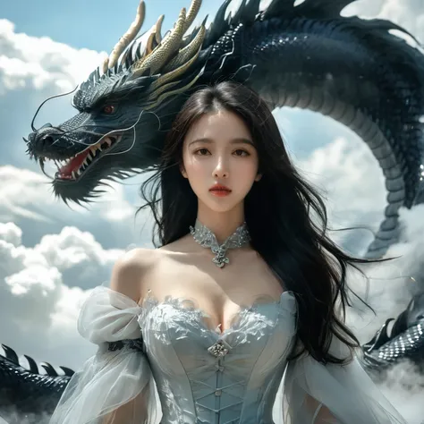 1 girl, Alone, whole body, long hair, breasts,  looking at the viewer,  black hair , Closed mouth, standing, cloud, lips, cloudy, Sky, corset, black dragon,dragoncb, elegant , powerfulll