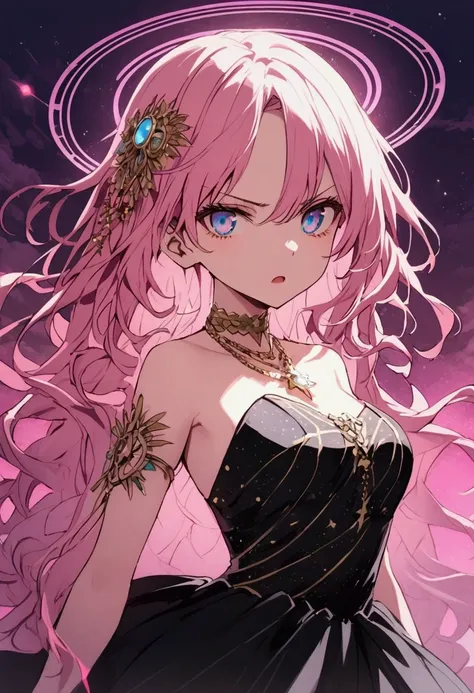 A bit wavy long pink hair, hair flowing beautifully, a young girl with blue and golden eyes, serious expression, open mouth, small hair accessories, pretty galaxy themed gown, pretty collar necklace, pretty arm accessories, standing in the evening sky, mag...