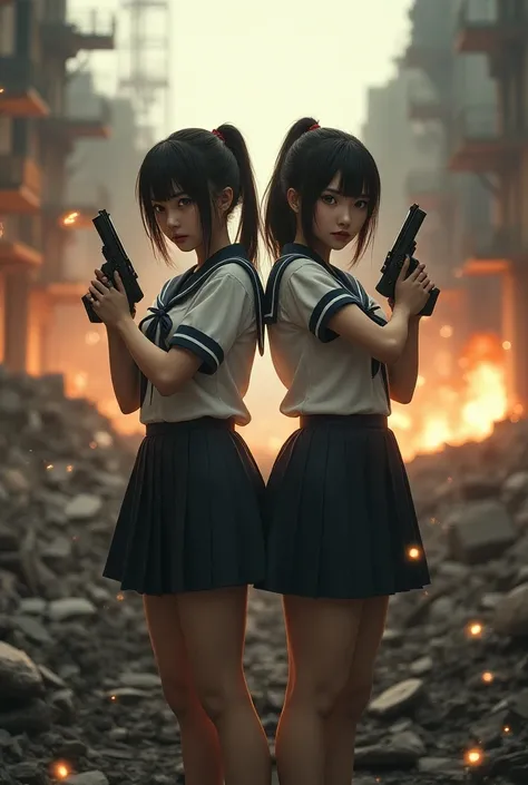 Battlefield, twin sisters standing back to back, younger sister holding a gun, older sister pointing a gun at the viewer, wearing matching Cute Sailor Suit, explosion flashes and sparks, destroyed city, photo realistic