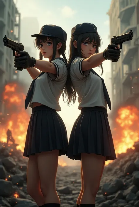 Battlefield, twin sisters standing back to back, younger sister holding a gun, older sister pointing a gun at the viewer, wearing matching Cute Sailor Suit, explosion flashes and sparks, destroyed city, photo realistic, from below