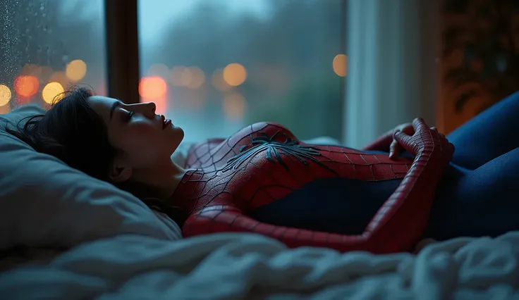 Masterpiece,BRUNETTE woman,very beautiful,big breast,sleeping in the night, wearing a spiderman cosplay,in a room with a large window with raindrop at very dark night,very dark, lying in a bed,,ultrarealistic, detailed skin, 8k,hyper realistic