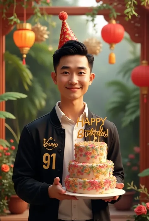  a handsome asian guy, wears birthday hat , wearing a white shirt ,jas hitam written "BANG ZODI ".red cyan ,smile thinly,located fancy garden , holds birthday cake stacked high random colors intricate details, written " happy birthday 91 ", with capital le...