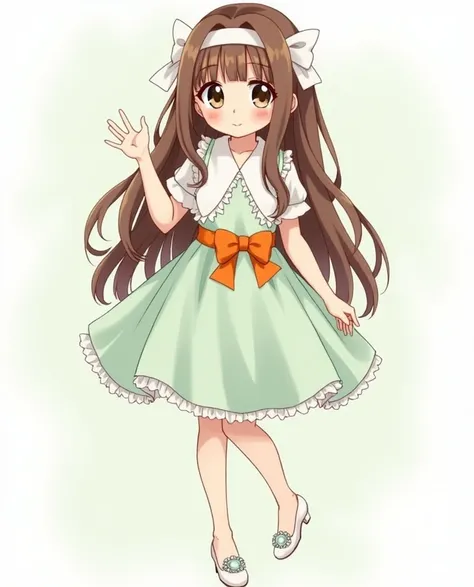  A pretty young girl with long loose brown hair with a white headband and bow,  brown eyes, white short sleeve blouse, orange bow at the waist , light mint green dress and white high-heeled shoes with diamond on the tip .