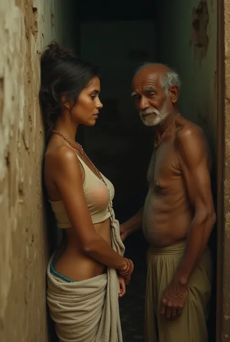 Create a photo of indian poor House. The 20 years old dusty skin, tight body girl wrapping towel around her body  bathing and taking shower. While indian old uncle watching her bathing. He is hiding behind the wall