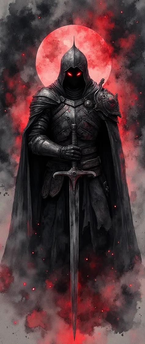 (masterpiece:1.2,Exceptional Quality,Mirror-like, Cinematic Experience , best illustration ,Super detailed),8k,,wallpaper( Dark Soul Style ),(Watercolor),(The Dark Knight),Dark Sword ,, Dark Shield ,Dark Armor,(Red glowing eyes:2.0),(1 person),( The backgr...