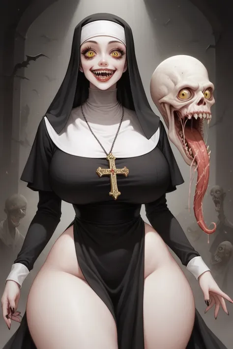 1girl, ghost, the nun, scary, tall, horror, white skin, She is wearing a nuns costume. extremely open eyes, pointy teeeth, absurd smile , huge breasts,  wide hips,  big butt ,  yellow eyes ,  Detailed eyes , Really scary eyes , ( she is staring intently at...