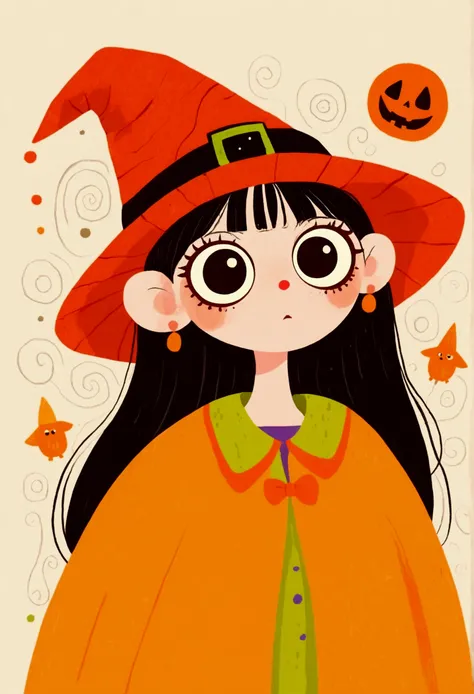 halloween theme，flat wind，vector， childish art cartoon ，cute girl wearing a witch hat,big eyes，round eyes，red nose， lovely expre...