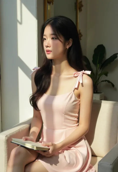 (((Masterpiece))), ((photography)), realistic, 8k, an image of a young woman sitting in soft sunlight, with shadows from a window casting stripes across her. She is wearing a light pink dress with delicate bow details on the shoulders and holding a small n...