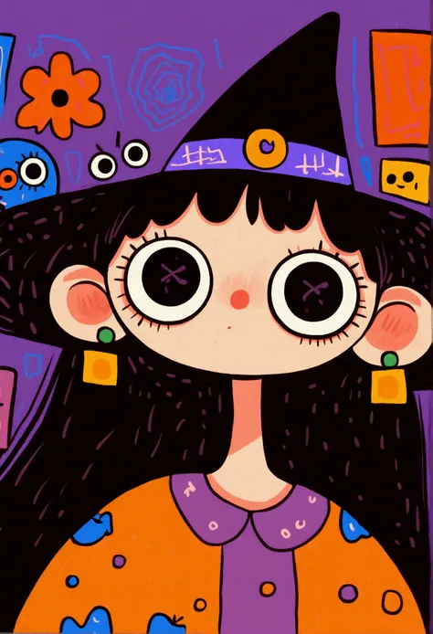 Halloween theme，Flat wind，vector， childish art cartoon ，cute girl wearing a witch hat,Big eyes，Round eyes，Red Nose， Lovely Expressions ，Minimalism，Lovely art style,  colorful ! Digital illustration style, The Art of Mathematics. 