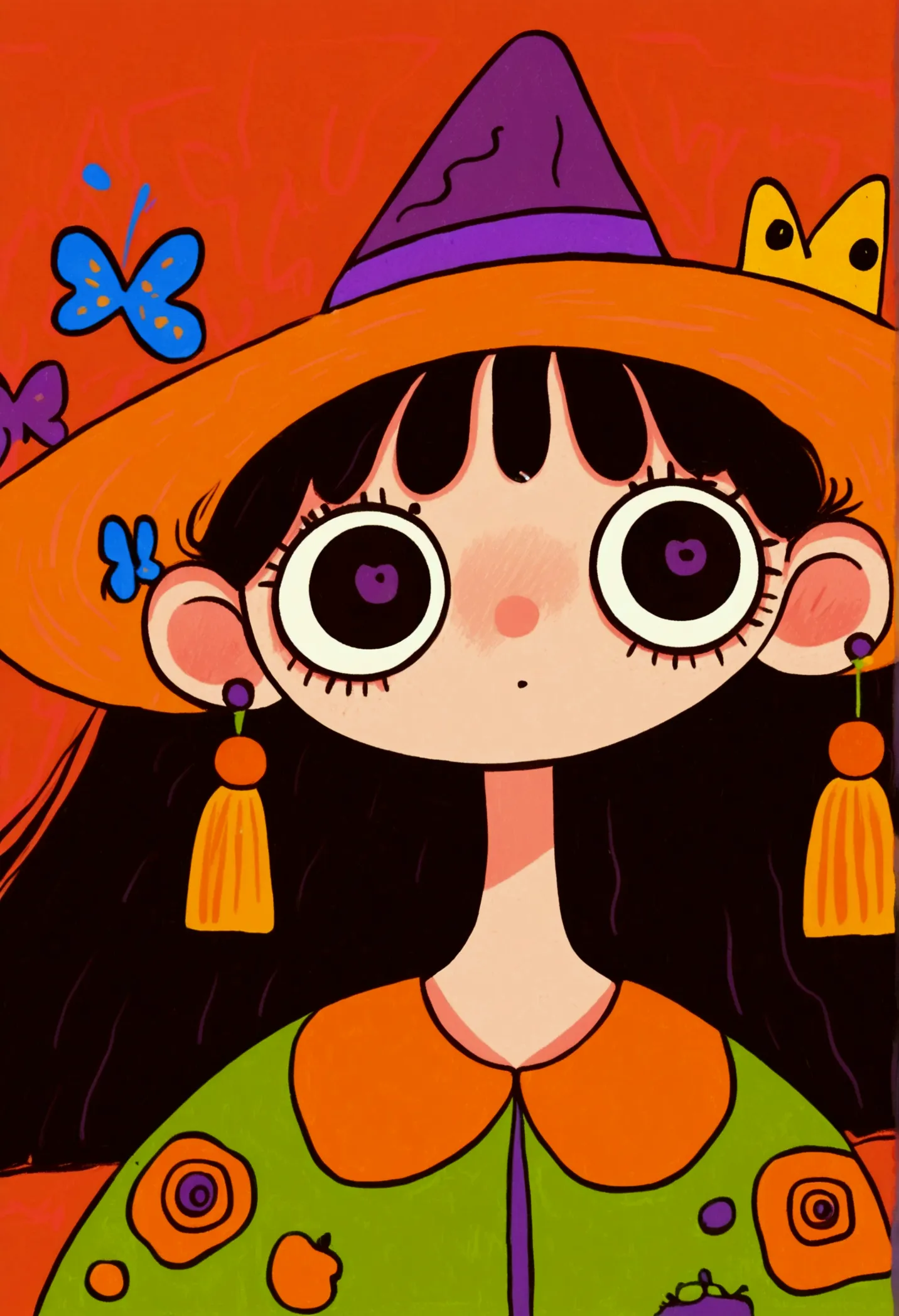 halloween theme，flat wind，vector， childish art cartoon ，cute girl wearing a witch hat,big eyes，round eyes，red nose， lovely expre...