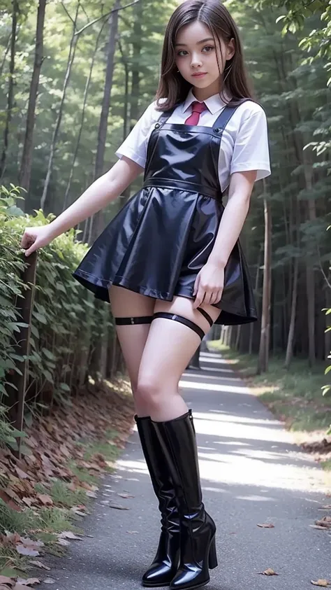 Mean curvy beautiful young schoolgirl ,  beautiful  teen face, short black silk skater pinafore ,  silk red tie,  a young girl in a short black silk skater pinafore, wearing in a white transparent blouse, short sleeves, brown long hair,  beautiful eyes, bl...