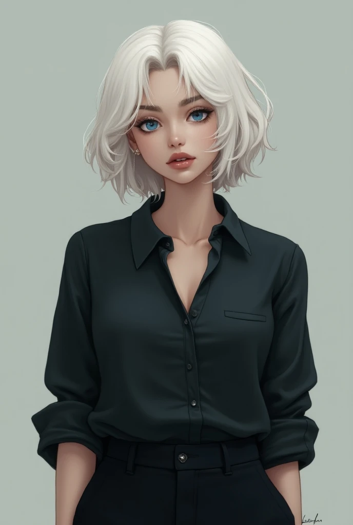 A slender girl with short white hair. Darker eyebrows . blue eyes.  Dark but moderately tight casual wear . approximately 25 years.