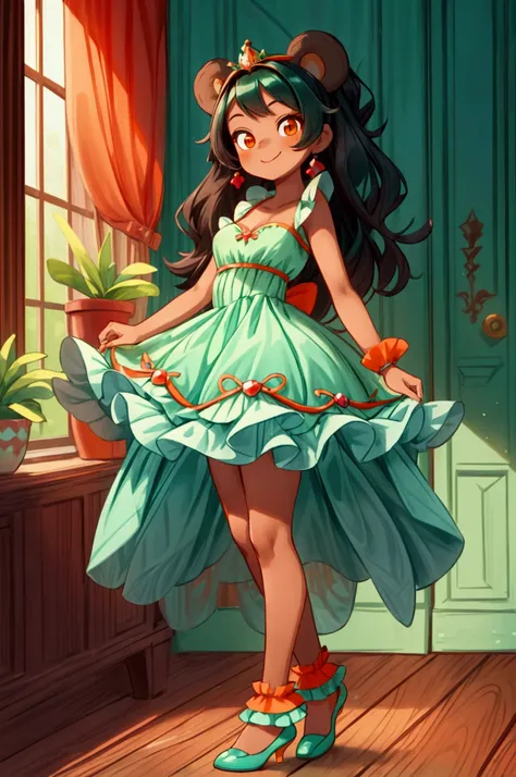 (masterpiece, best quality) standing, indoor, intricate detail, sunlight, red and aqua green frilly dress, aqua green  shoes, black hair, cute bear diadema, orange eyes, brown skin, smiley and sexy expression, sexy pose, coquette, gorgeous legs, mature tee...