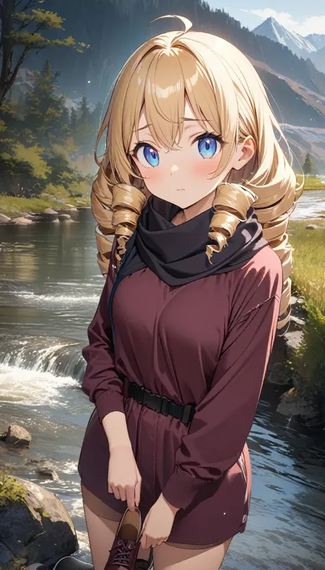 woman、 Viewers, Long Hair, Ahoge, blonde, Drill Hair, Tree Eyes、 blue eyes ,  Oblique Eyes, Melancholic face、 Maroon Sportswear 、 Maroon Sportswear パンツ、Shoes、long black scarf 、 Light Pours Down on the River 、Mountain Stream River Background 、Illustration、a...