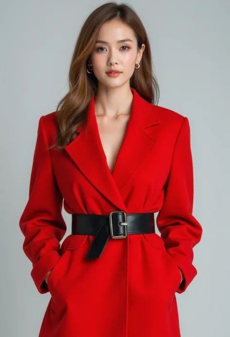 (((Masterpiece))), ((photography)), realistic, 8k,  an image of an elegant young woman wearing a long, bright red coat with a black leather belt at the waist. She has soft, loosely styled hair, with a calm and poised expression. The background is light gra...