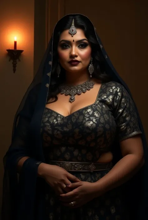 Create a portrait of a glamorous milf chubby mature volutuous indian woman wearing a bold, elegant outfit. Her attire consists of a shimmering deep-red blouse with intricate patterns, paired with a sheer dark-blue veil draped over her head and shoulders. S...