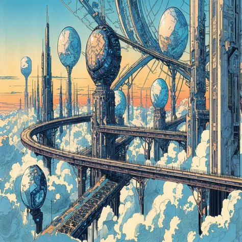 futuristic city in the clouds with a clock tower and a sky background, greg beeple, kilian eng. mœbius, inspired by josan gonzal...