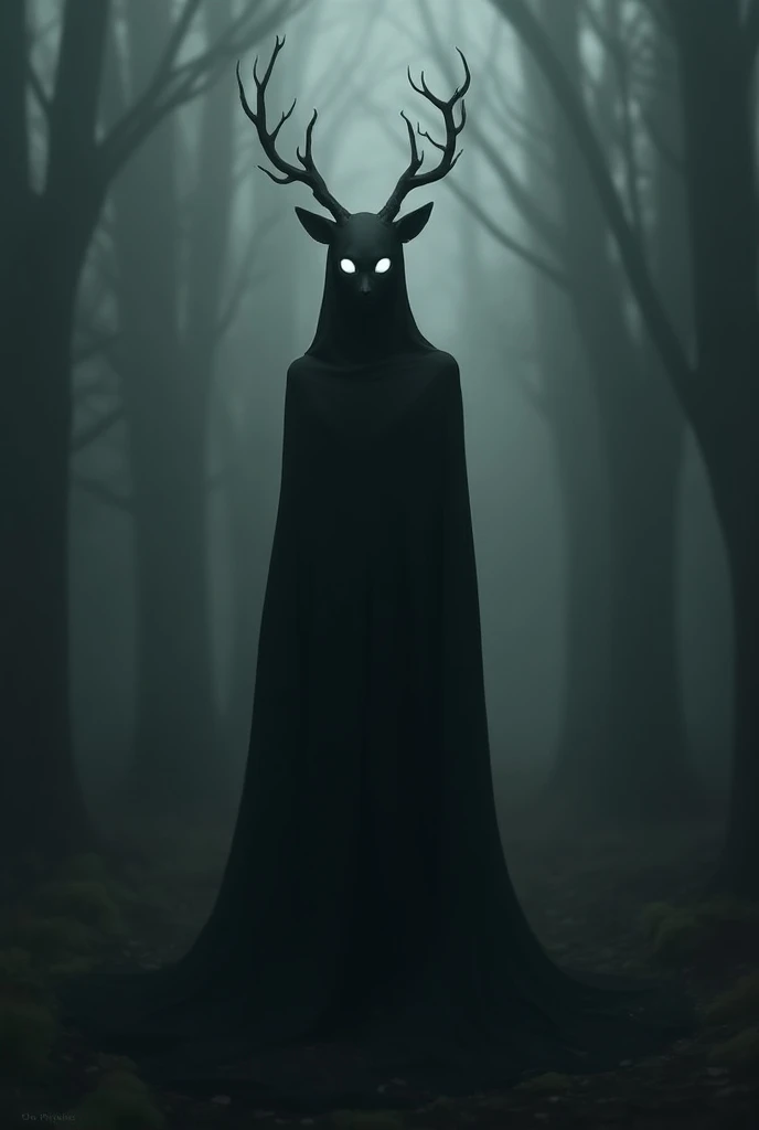  A shady black humanoid figure with white eyes, deer antlers and a slender build  