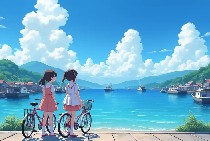 (Realistic photos),
Twin sisters riding bicycles,
waiting for their fathers fishing boat to return,
wearing matching dresses,
gentle smiles,
scenery of a fishing port in the Japanese countryside,
hot summer,
blue sky, cumulonimbus clouds rising, sparkling ...