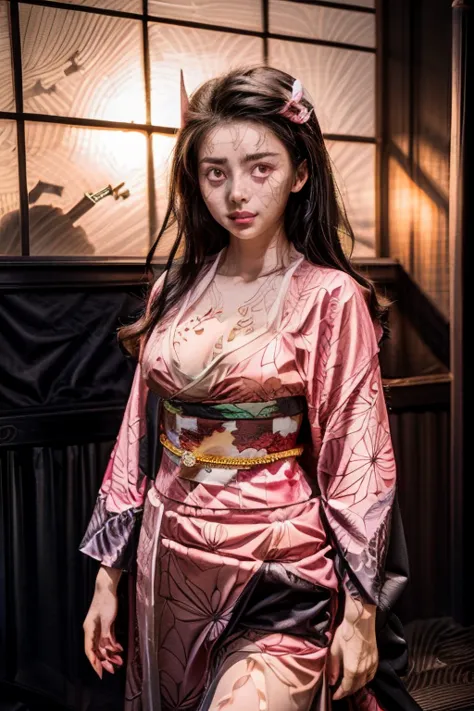 a young girl in realistic portrait of high quality and detail, movie style, nezuko kamado (kimetsu no yaiba), 18 years old, she ...