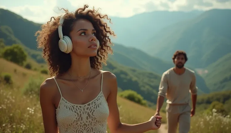 A beautiful woman using headphones background beautiful view a woman listening song beautiful eyes curly hair a men hold hand with wonen walking in a beautiful place
