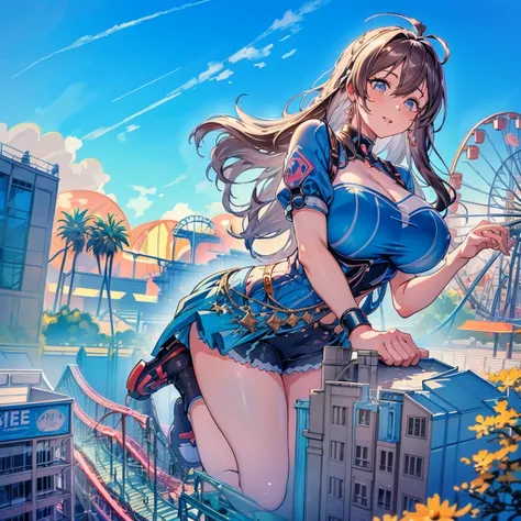  ((View from above))　masterpiece　　Unreal Engine　Anime Style　Delicate painting　4K　90s　giant　crowd　 　amusement park　to　(((Giant girl standing in amusement park)))　Ferris wheel　Jet Coaster　　crowd　Scar　Big Breasts　White T-shirt　Summer clothes　Short sleeve　Priv...