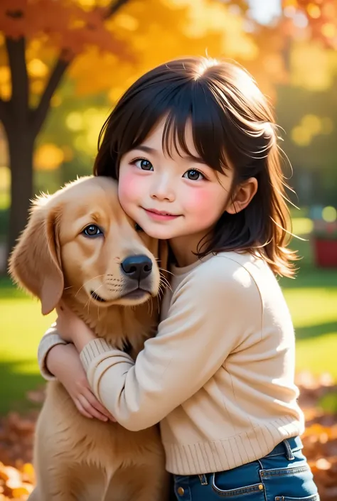 girl hugging a golden retriever、 cute smiling girl 、((( reluctant golden retriever 、A golden retriever in a bad mood)))、garden、秋のgarden、紅葉するgardenの木々