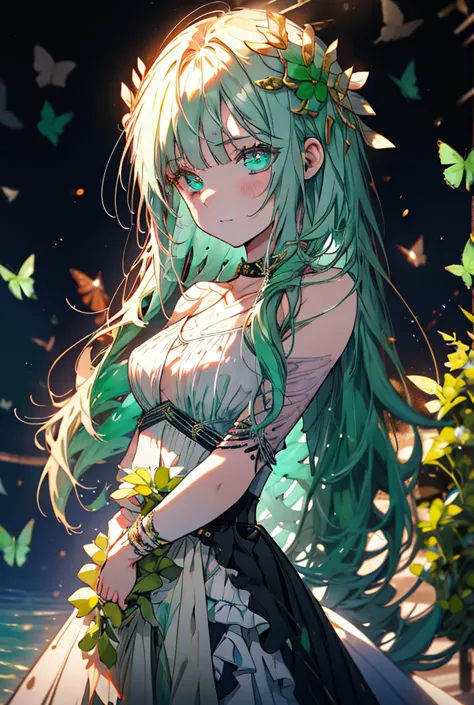 her eyes shine in a beautiful emerald green color 、hair color is the one and only white, straight hair、上半身は美しい女性で下半身はspiderのアラクネ...