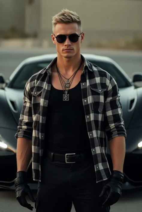 Very muscular young Central European man with hydrogen blonde hair, posing in front of an expensive car ,  perfect body and face  , military short haircut , black aviator glasses  , black tank top,  open checkered shirt with long sleeves, Necklaces, black ...