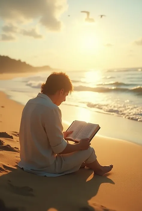 Create an image of reading the Bible on the beach sand