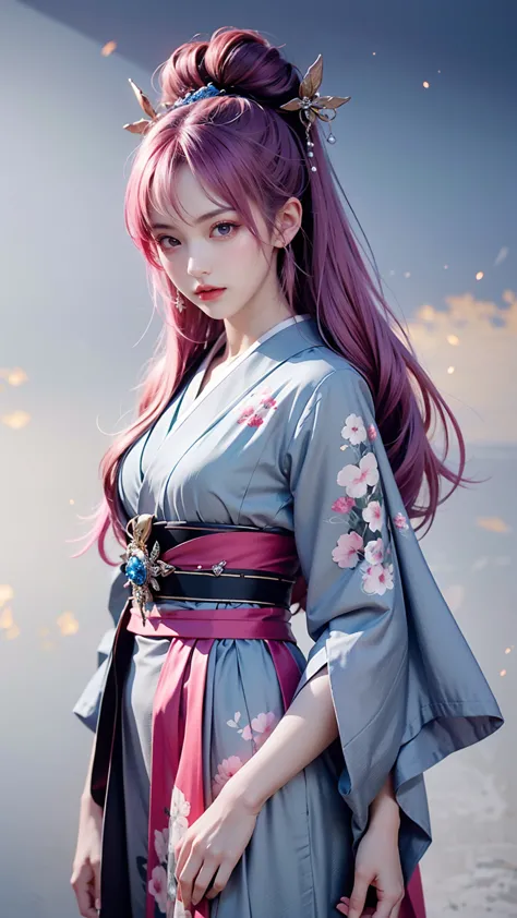 masterpiece,  best quality ,Lacus-bk, 1 Girl,  unique, Long hair,  pink hair , very Long hair,  blue eyes, Hair accessories, Japanese Clothing, There are many things that emphasize split sleeves 