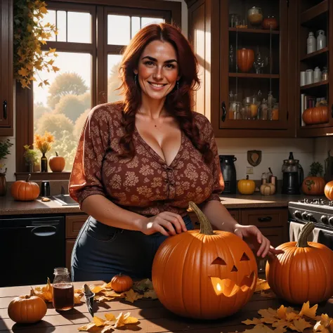 Photorealistic, cinematic style, picture of a beautiful British woman carving a pumpkin lantern in her kitchen. Slight smile, downturned eye shape, light skin and freckles, reddish-brown hair, braided hairstyle .  Shes wearing a conservative printed blouse...