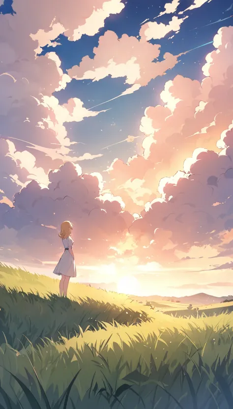 Morning Glow、grassland, 牧grassland, girl standing in the distance ,  girl looking up at the sky、 White Dress、blonde、   White Clouds  , 牧grassland、、Venus、On the Hill、  is amazing、Nostalgia