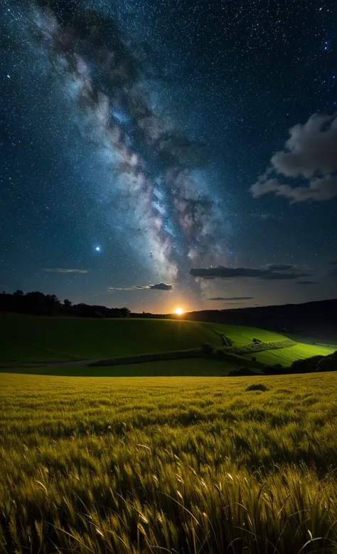 Wheat field、Dark Skies、milky way、Giant Moon、comet、moonlight、Vast land、grassland、Universe、Venus、On the Hill