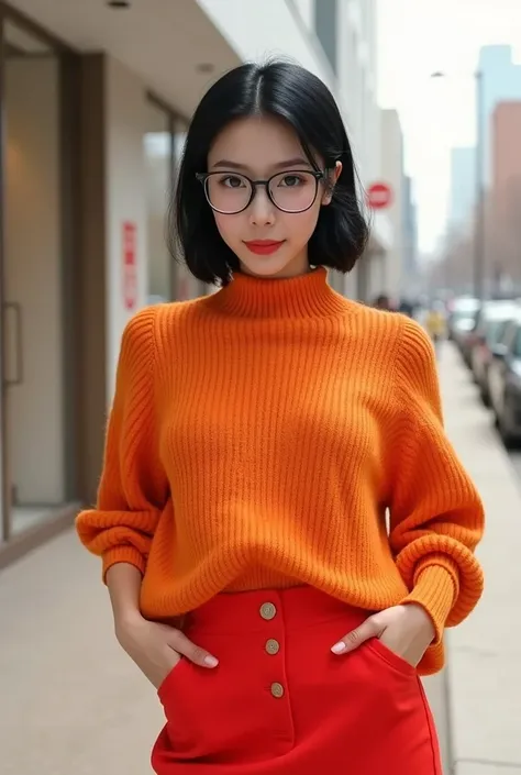 woman, orange sweater, red skirt, bobcut, glasses