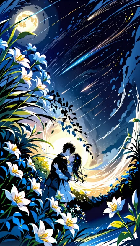 score_9, score_8_up, score_7_up, score_6_up, masterpiece, high quality, high resolution, flower, night sky, dutch angle, wide shot, wind, shooting star, full moon, girl, boy, hug,