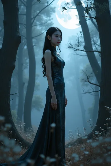 woman, cheongsam, dark forest