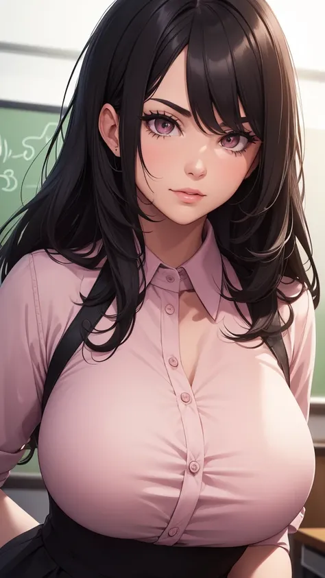  let me be a math teacher ,   look like a math classroom  ,   make me a nice little block  , Body, Probably 3  , Thickness eyelashes and eyebrows,   slightly  , Thickness,  Pink Lips, ， long black hair split in the middle ， big breasts ,  wear math or dres...