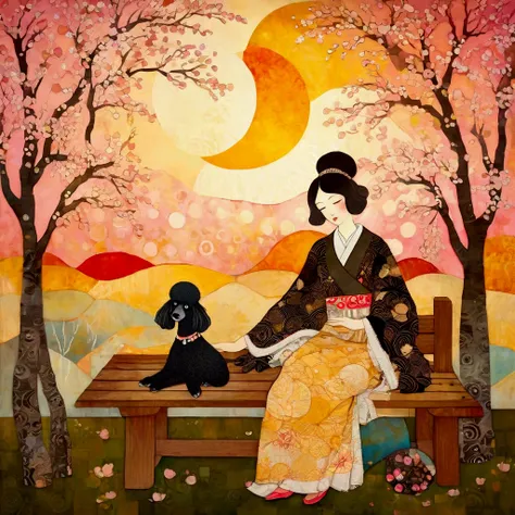 Patchwork with paper, rags. Stylized figures, hand-drawn and bleach stains mixed with messy strokes of oil. A European woman with dress style 20’s, klimt texture sitting on a bench with her black dwarf poodle in a Japanese garden at sunset with Japanese ch...