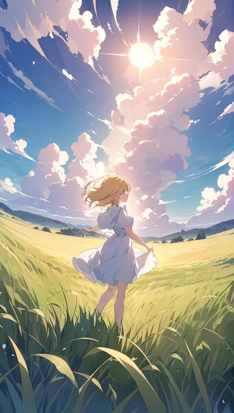 Morning Glow、grassland, 牧grassland, girl standing in the distance ,  girl looking up at the sky、 White Dress、blonde、   White Clouds  , 牧grassland、、Venus、On the Hill、  is amazing、Nostalgia