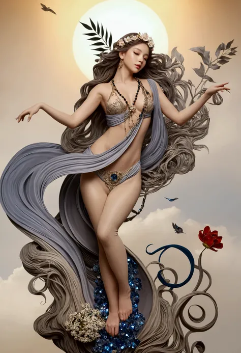 masterpiece，超 high resolution，  A beautiful and toned figure  ，Perfect body flying in the sky， The facial features are exquisite and beautiful  ， The body is wrapped in precious stones and flower vines， Fantasy World，Artistic Effects，The color is natural，C...