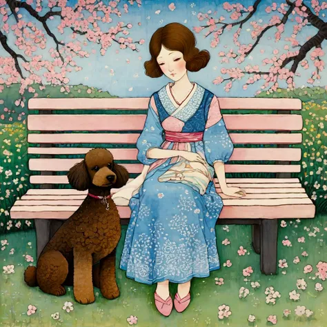 Patchwork with paper, rags. Stylized figures, hand-drawn and bleach stains mixed with messy strokes of oil. A European woman, brown hair, ochre and blue summer dress is sitting on a bench and caresses with her black dwarf poodle and looks away. In the back...