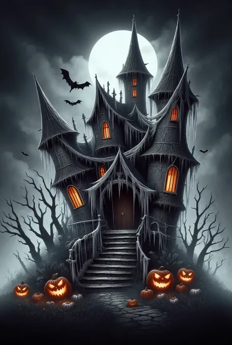 cute  haunted house,detailed,,pumpkin,bats flying,glowing jack-o'-lantern,cobwebs,full moon,dark moody lighting,mist,spooky atmo...