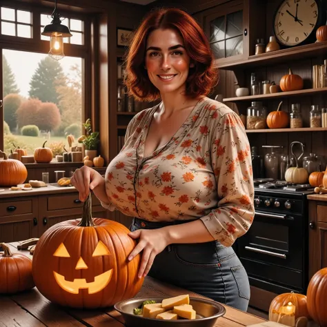 Photorealistic, cinematic style, picture of a beautiful British woman carving a pumpkin lantern in her kitchen. Slight smile, downturned eye shape, light skin and freckles, reddish-brown hair, braided hairstyle . Shes wearing a conservative printed blouse...